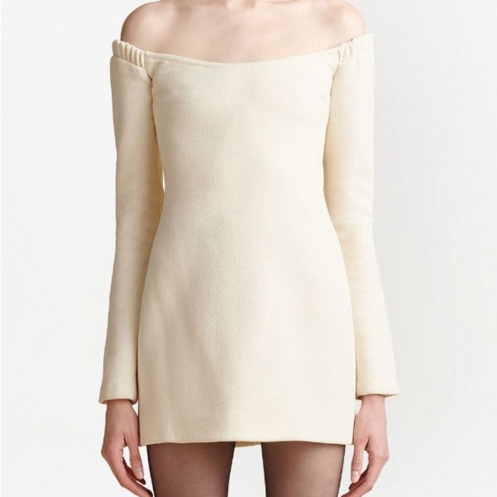 KHAITE NWT Octavia Off the Shoulder Long Sleeve Wool Crepe Minidress Size Large